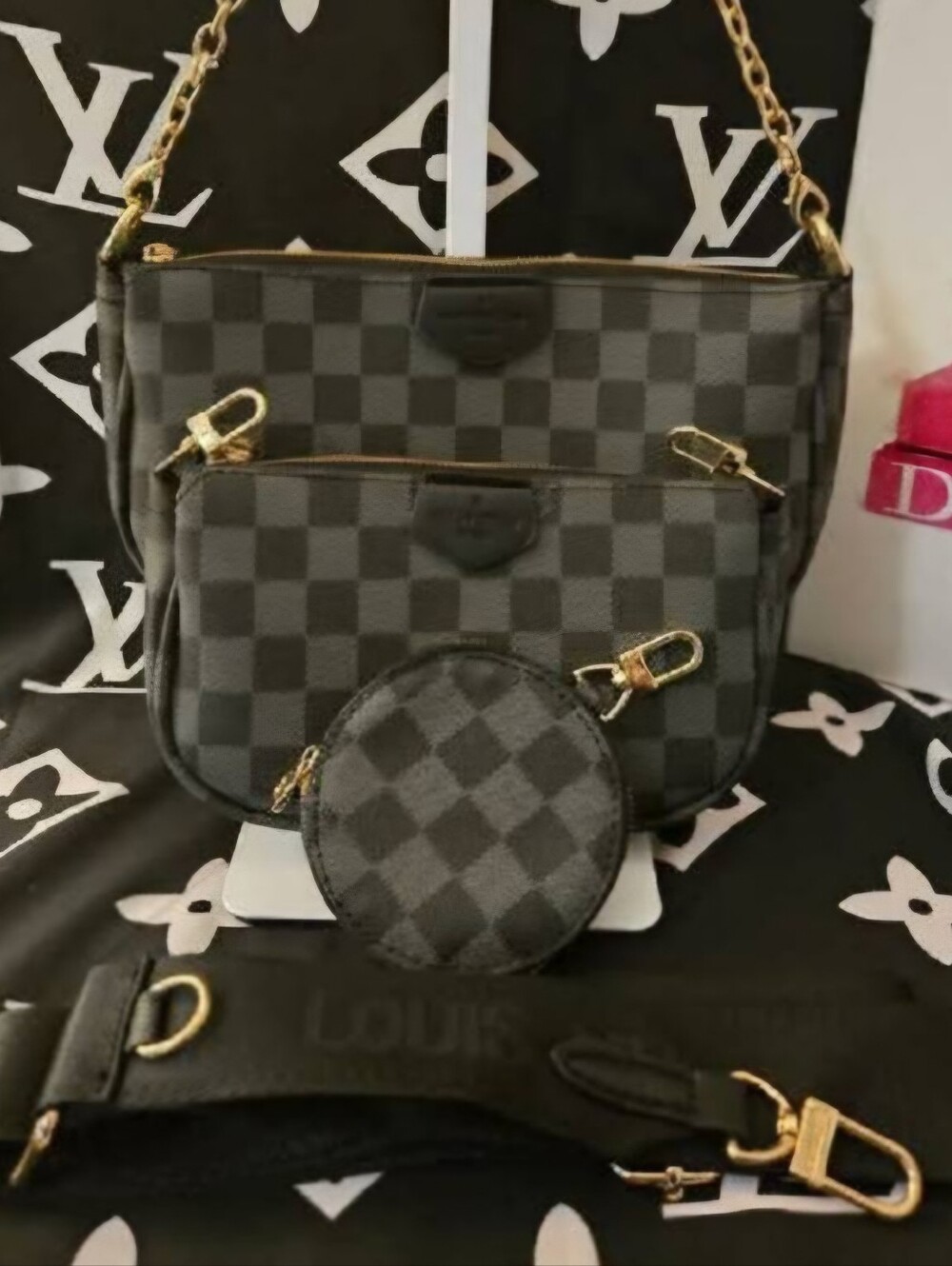 Black Checkered Monogram Convertible Crossbody Bag Set